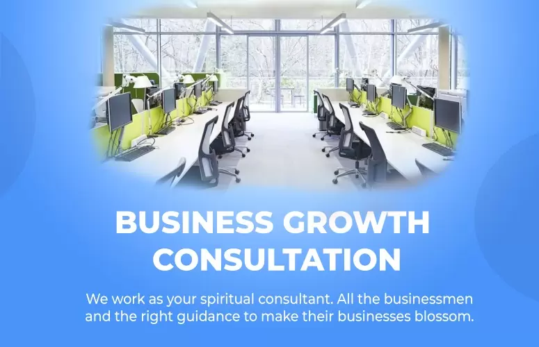 An image of an office space with a blue overlay and text about business growth consultation.