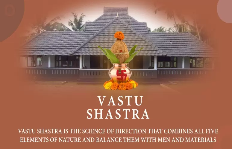 A graphic image of a traditional Indian house with a vase and a text overlay about Vastu Shastra.