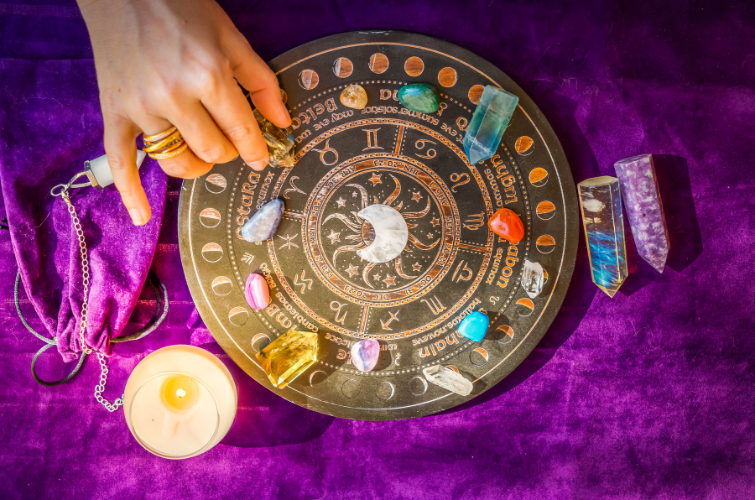 Rashi chakra with healing crystals representing zodiac signs in Vedic astrology