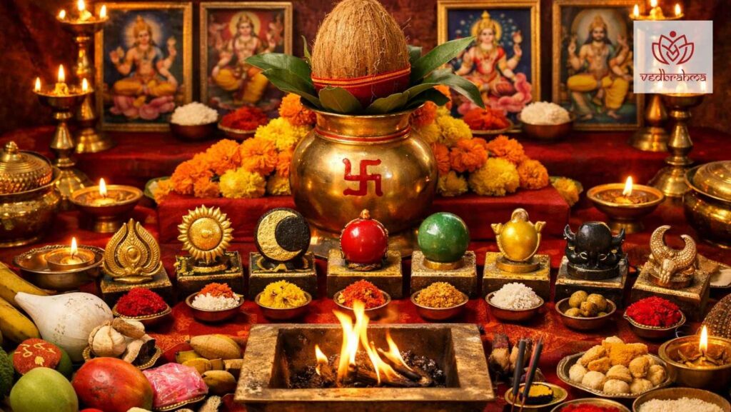 Traditional Navagraha puja setup with kalash, diyas and nine planets symbols